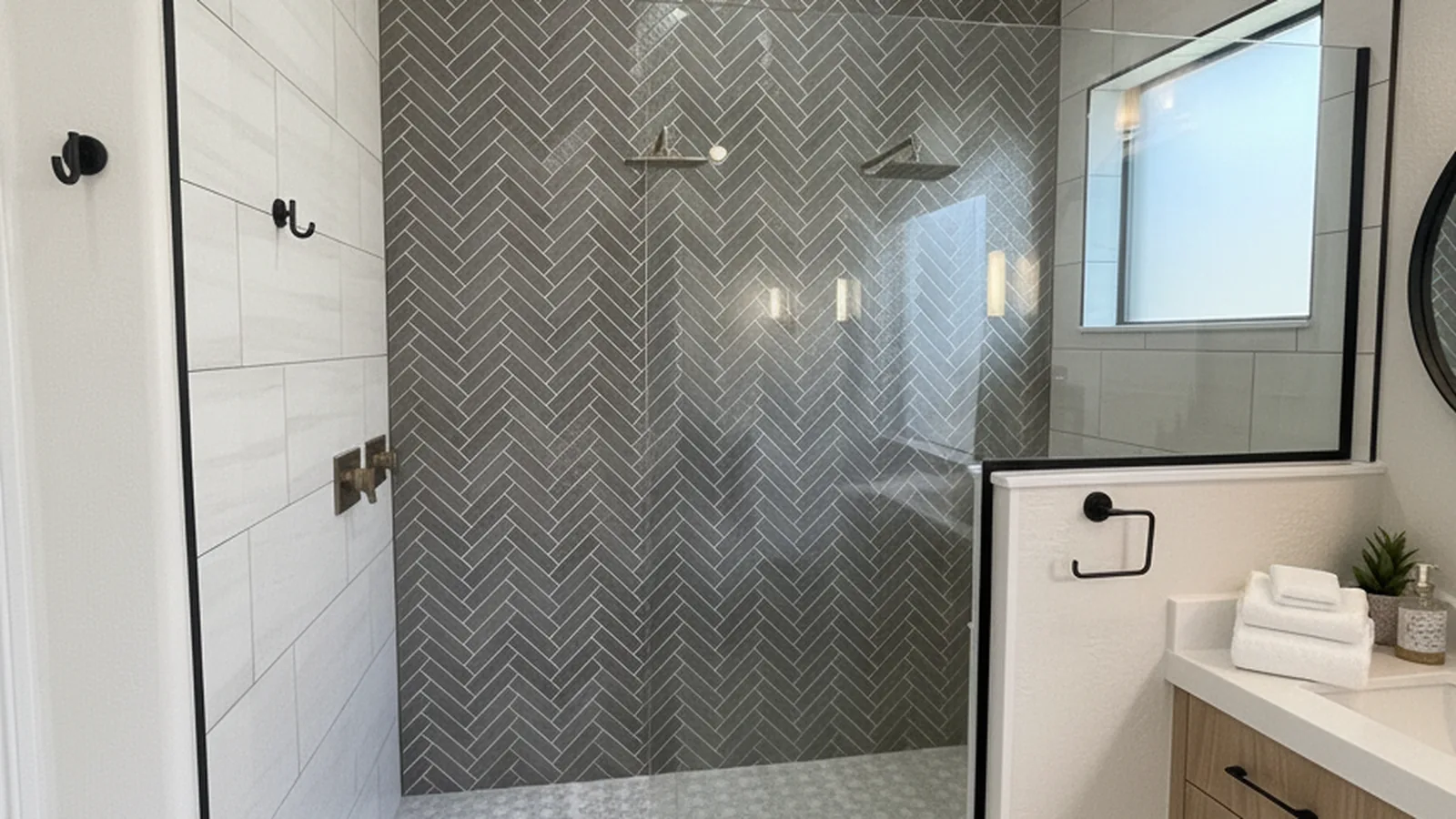 Linear drain and sloped large-format tile floor in a curbless walk-in shower